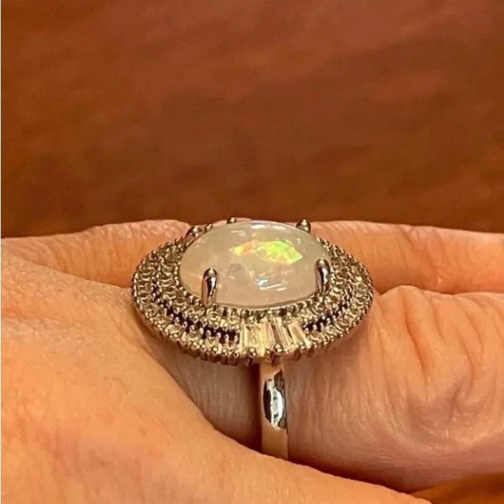 14K White Gold Ring Opal 5CT Halo Diamond Oval Baguette Wedding Engagement - Picture 7 of 11
